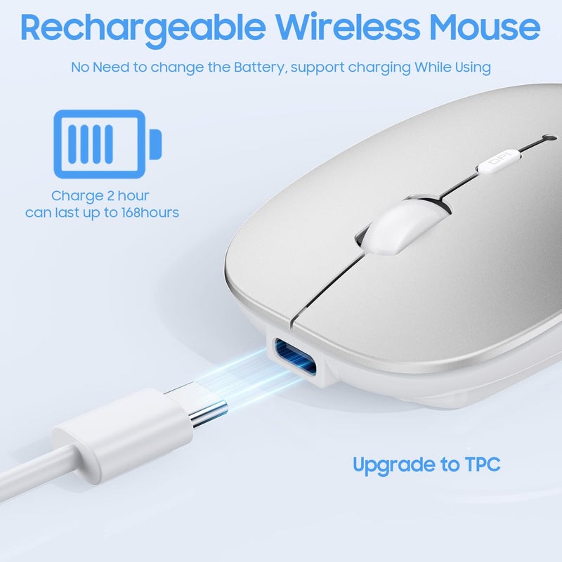 SUNGI Bluetooth Mouse for Laptop/MacBook/iPad/Android PC,Rechargable Quiet Slim Wireless Mice for Chromebook Notebook Windows/Linux/Tablet,Black,Silver - Image 3